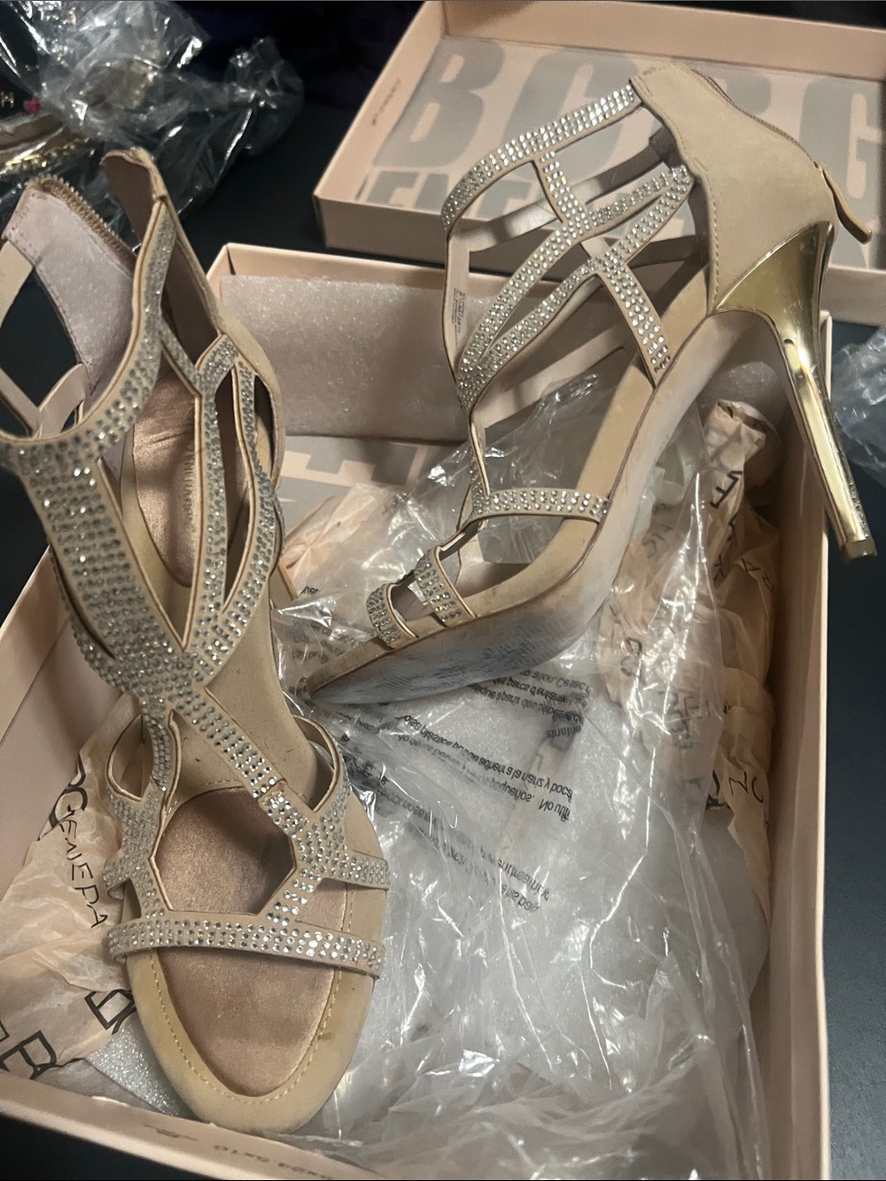 BCBG-Women's Rhinestone Strappy High Heel Sandals - Nude